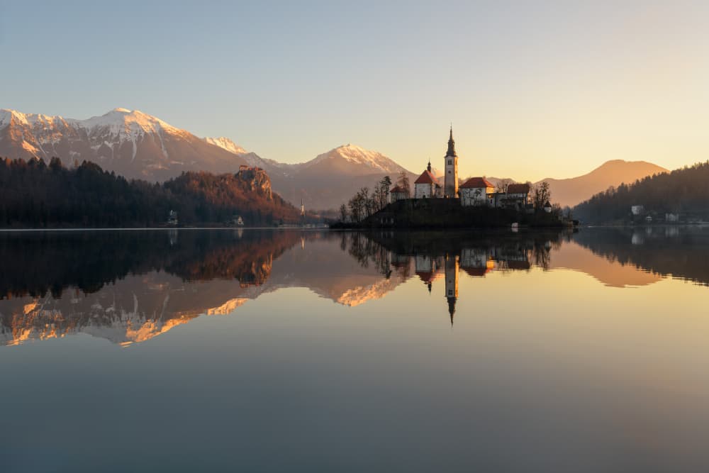 Golden Lake Island Church by Marco Galimberti — canvas wall art