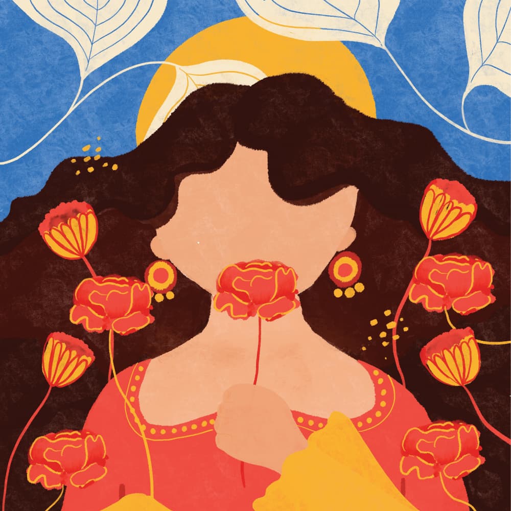 Serene Woman Red Flowers by Shriya Bhattacharya — canvas wall art