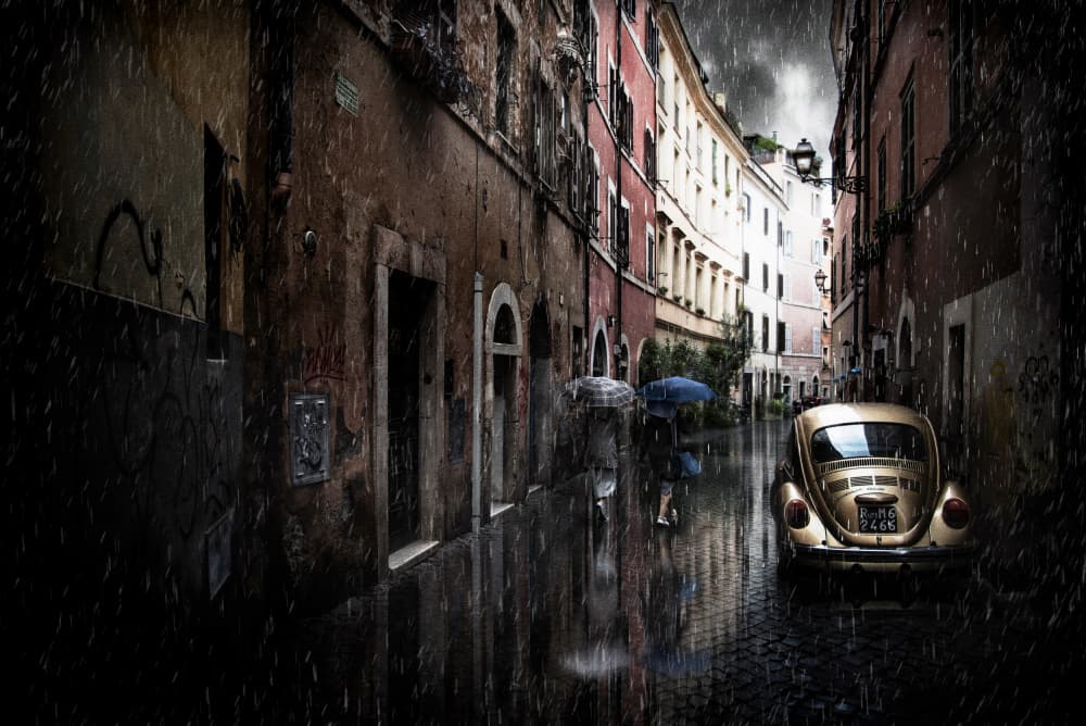 Vintage Car Rainy Street by Nicodemo Quaglia — canvas wall art
