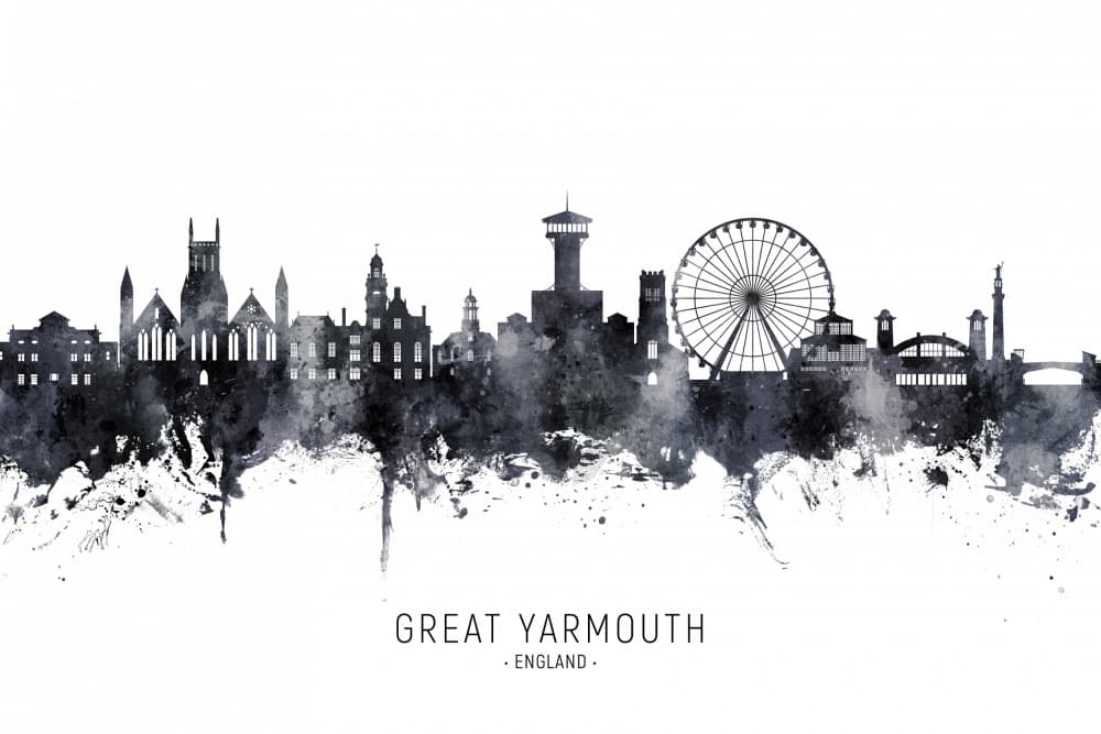Great Yarmouth Watercolor Skyline by Michael Tompsett — canvas wall art