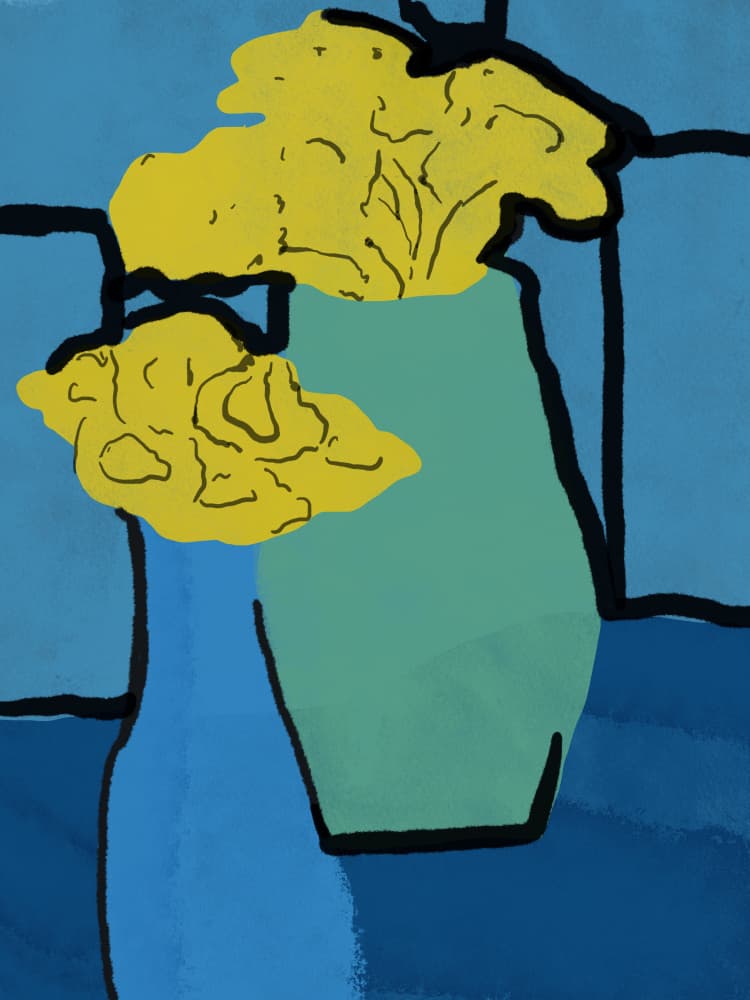 Yellow Flowers Blue Vases by Little Dean — canvas wall art