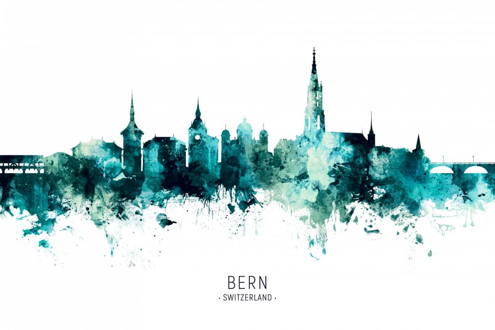 Bern Switzerland Watercolor Skyline by Michael Tompsett — canvas wall art