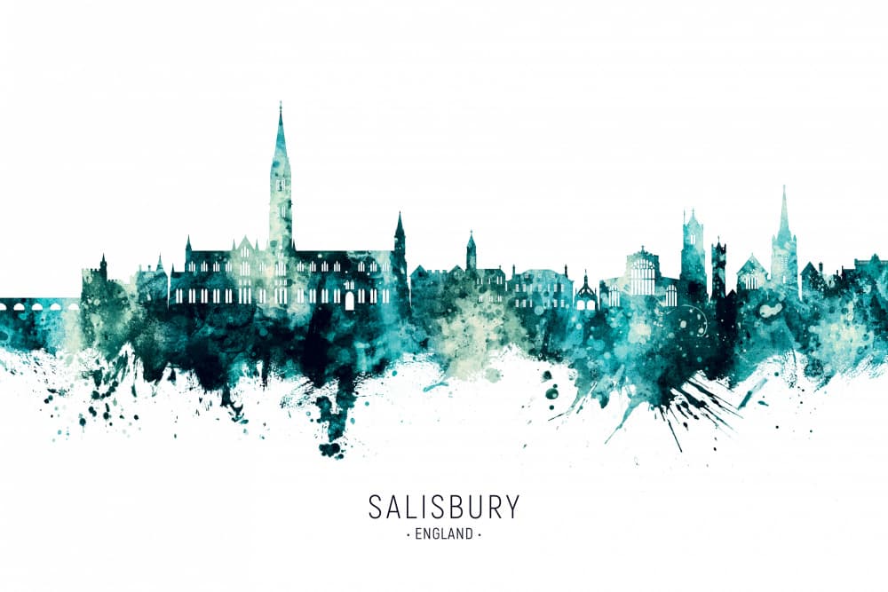 Salisbury Skyline Watercolor by Michael Tompsett — canvas wall art