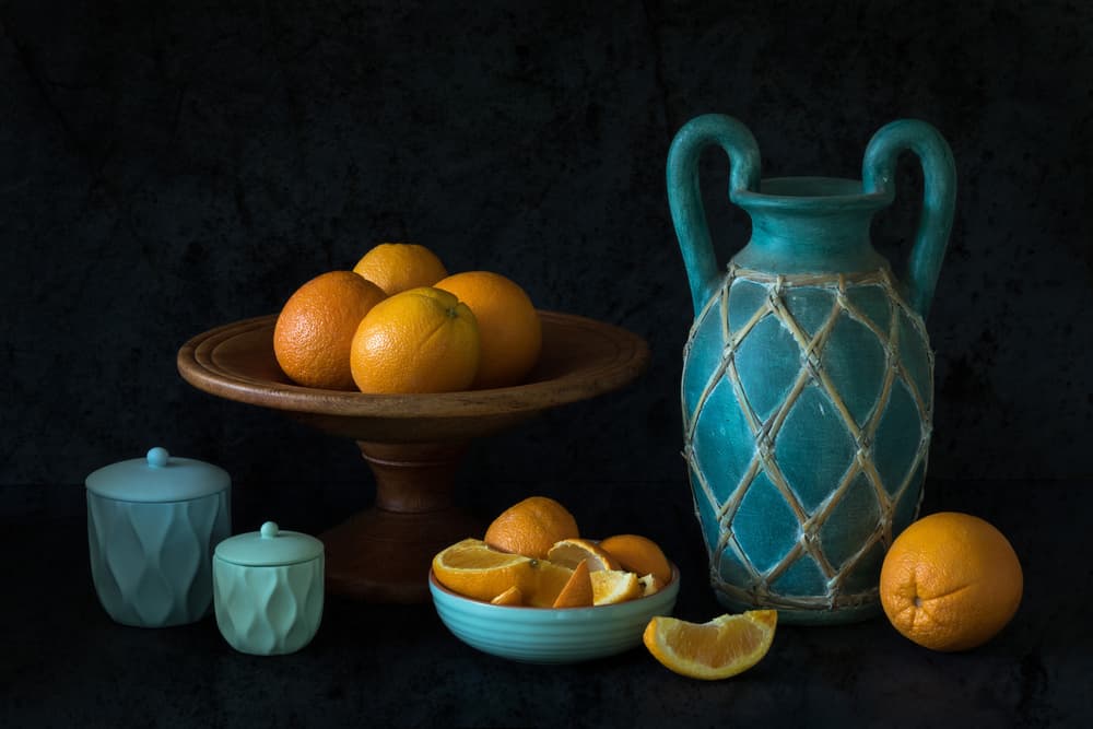 Citrus and Teal Still Life by Jacqueline Hammer — canvas wall art