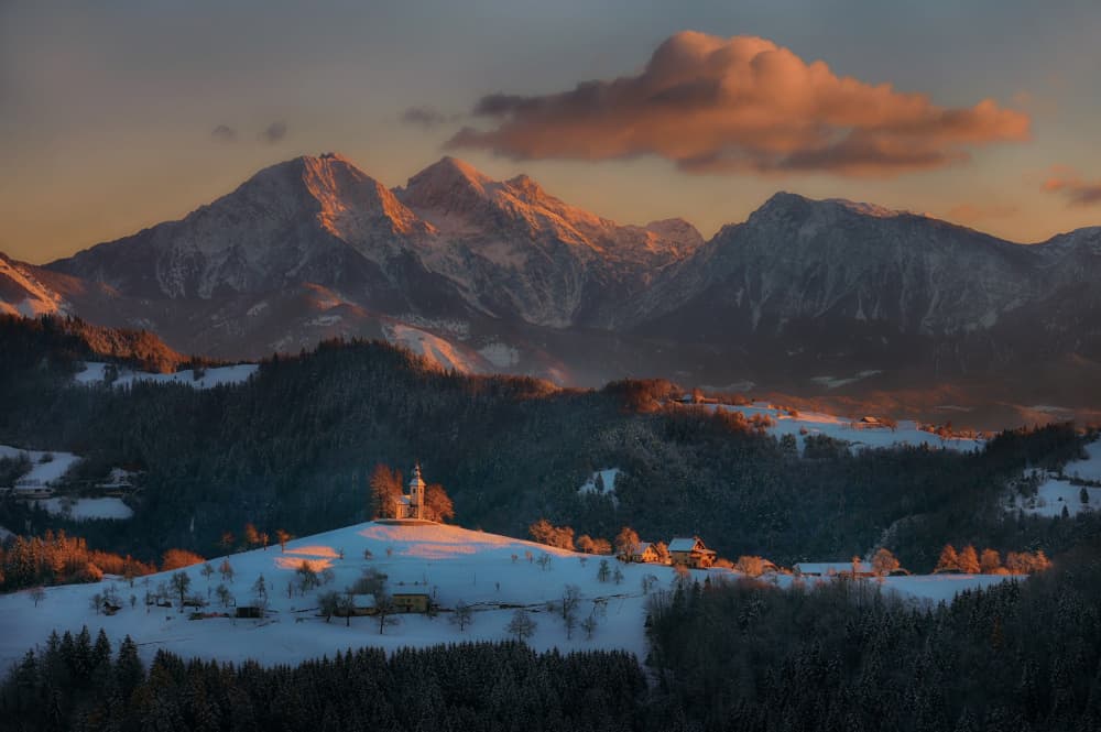 Snowy Mountain Church Sunset by Drago Vogrinec — canvas wall art