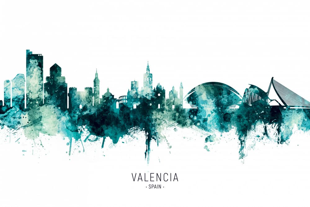 Valencia Watercolor Skyline by Michael Tompsett — canvas wall art