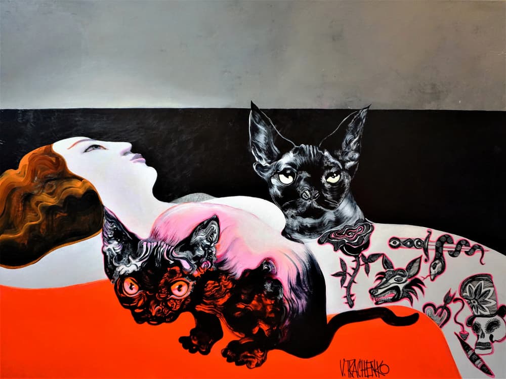 Sphinx Cats and Woman by Victor Tkachenko — canvas wall art