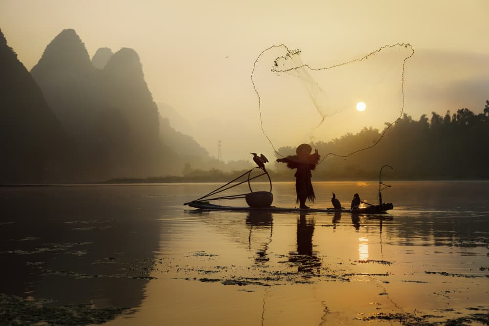 Cormorant Fisherman Sunrise by Istvan Kadar — canvas wall art