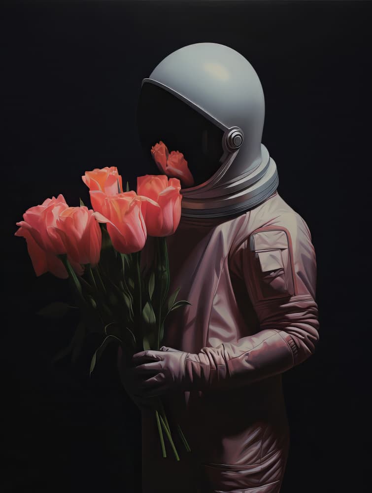 Astronaut Pink Tulips by Bilge Paksoylu — canvas wall art