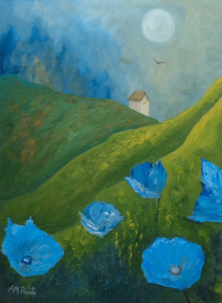 Blue Poppies Moonlit Hills by Angeles M. Pomata — canvas wall art