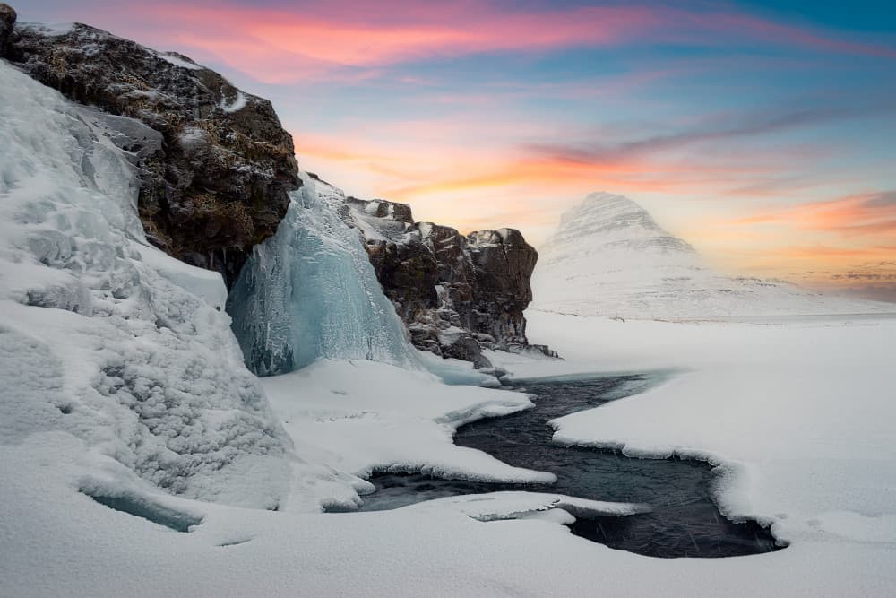 Kirkjufell Frozen Falls Sunset by Fernando Molina — canvas wall art