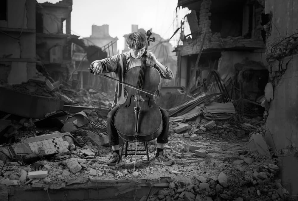 Cello Player in Ruins by Marcel Egger — canvas wall art