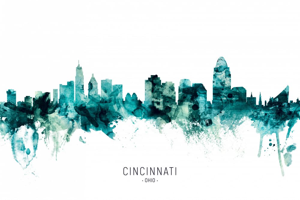 Teal Cincinnati Skyline by Michael Tompsett — canvas wall art
