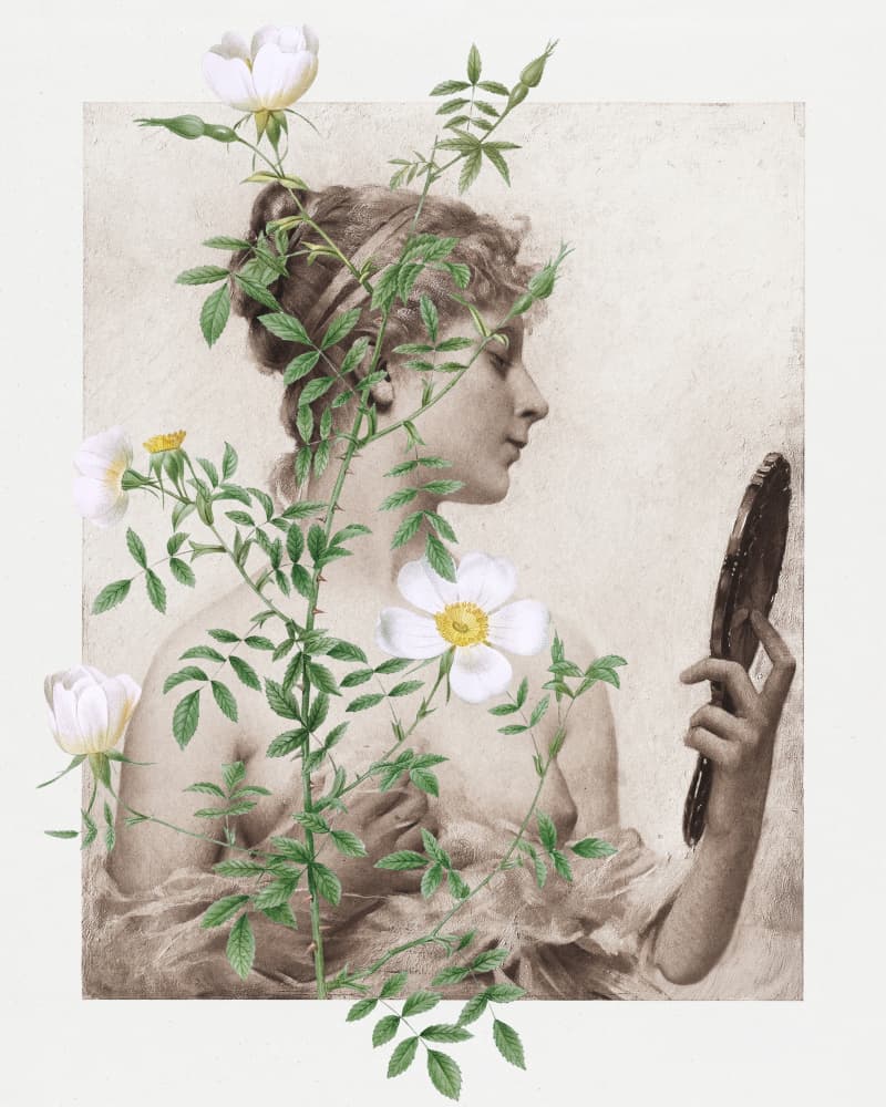 Woman Reflecting with Roses by Marja van den Hurk — canvas wall art