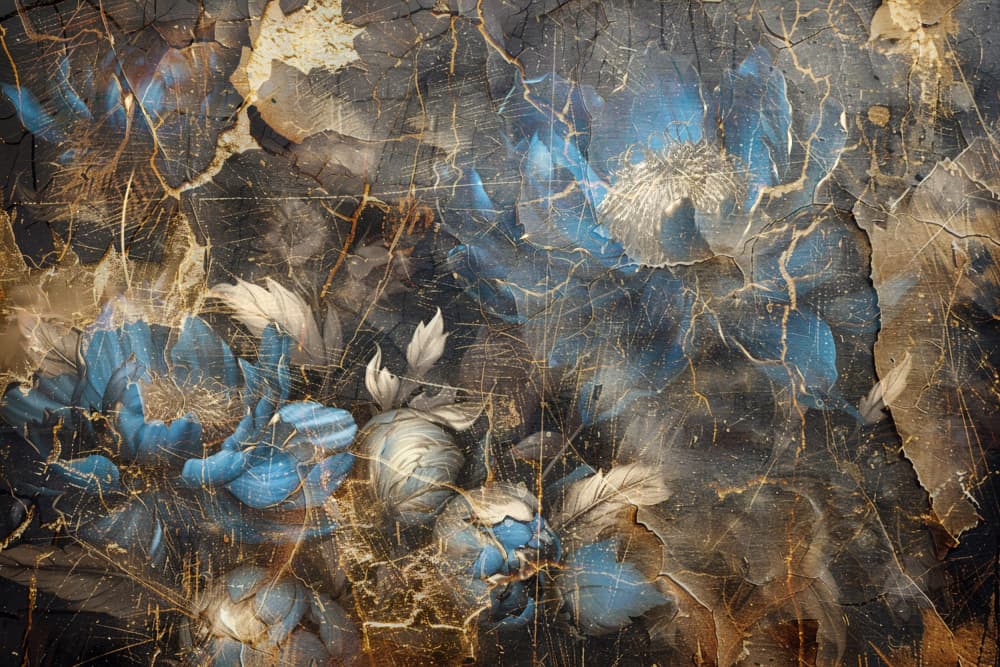 Distressed Blue Gold Flowers by Rafal Kulik — canvas wall art