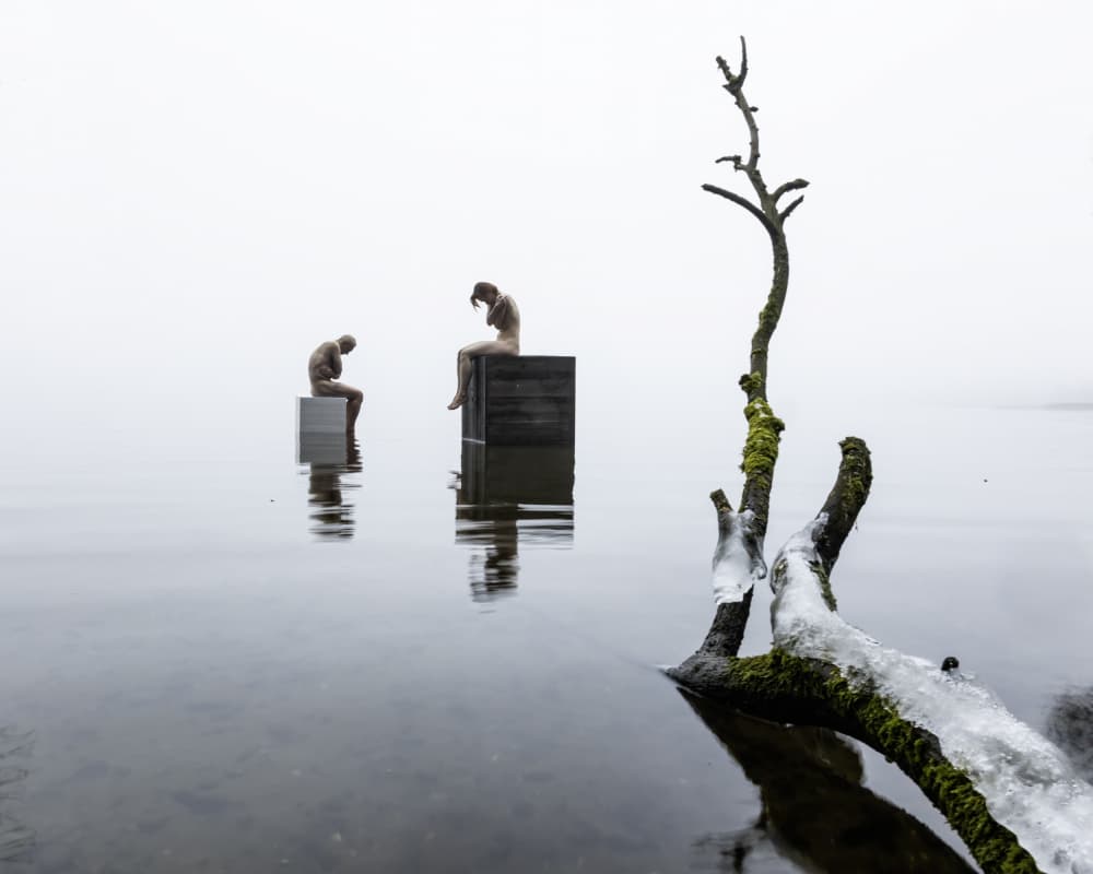 Contemplative Figures Misty Lake by Leszek Paradowski — canvas wall art
