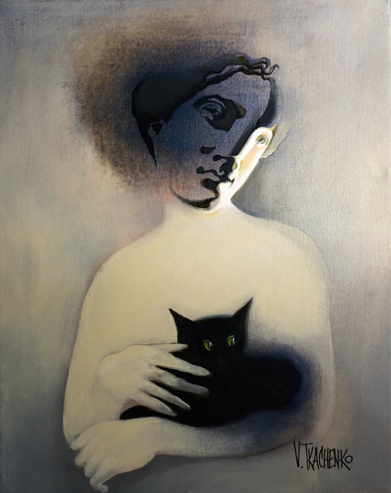 Enigmatic Figure Black Cat by Victor Tkachenko — canvas wall art
