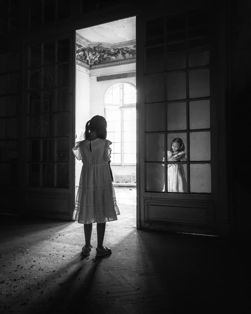 Girl and Her Mysterious Reflection by Sebastian Prioteasa — canvas wall art