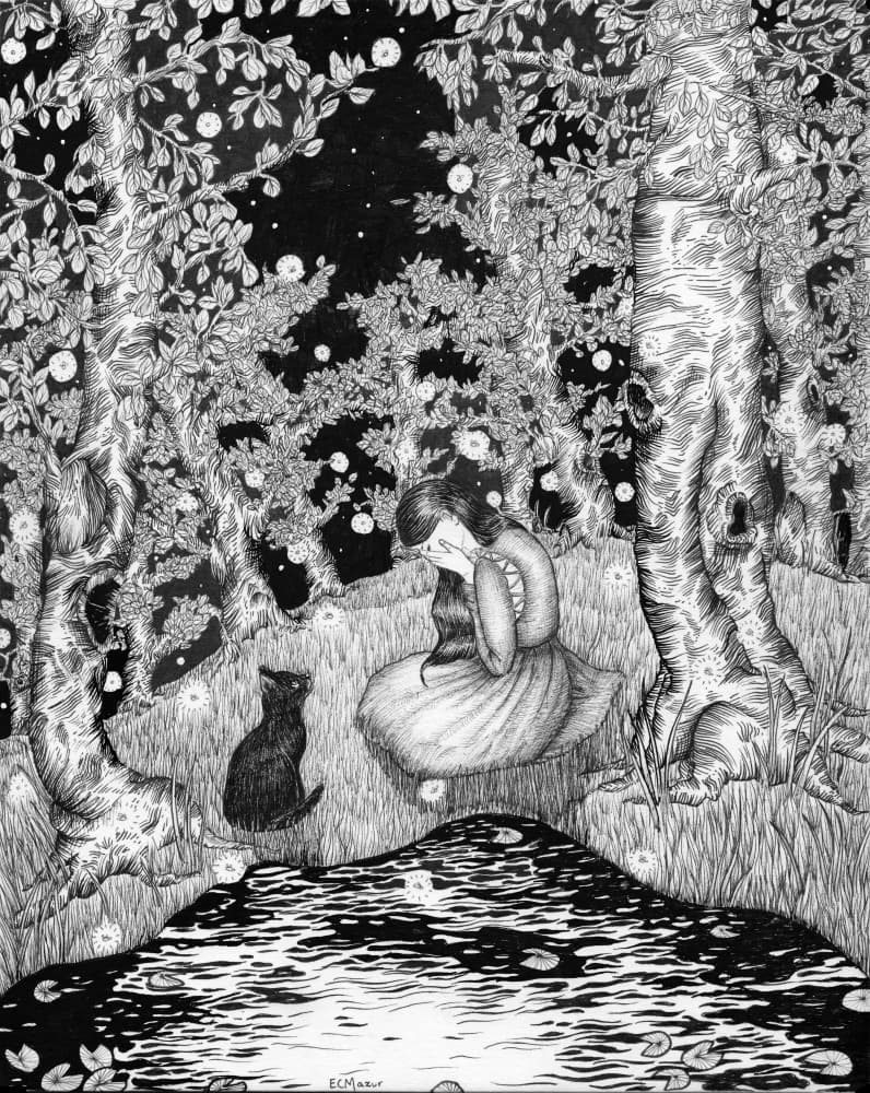 Crying Girl Forest Night by EC Mazur — canvas wall art