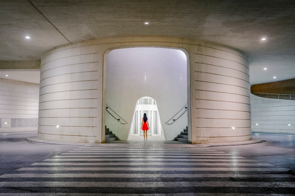Red Dress Urban Passage by Paco Herrero — canvas wall art
