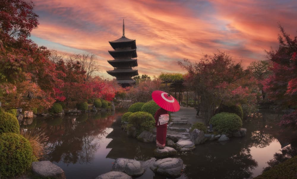 Red Kimono Autumn Garden by Vu van quan — canvas wall art