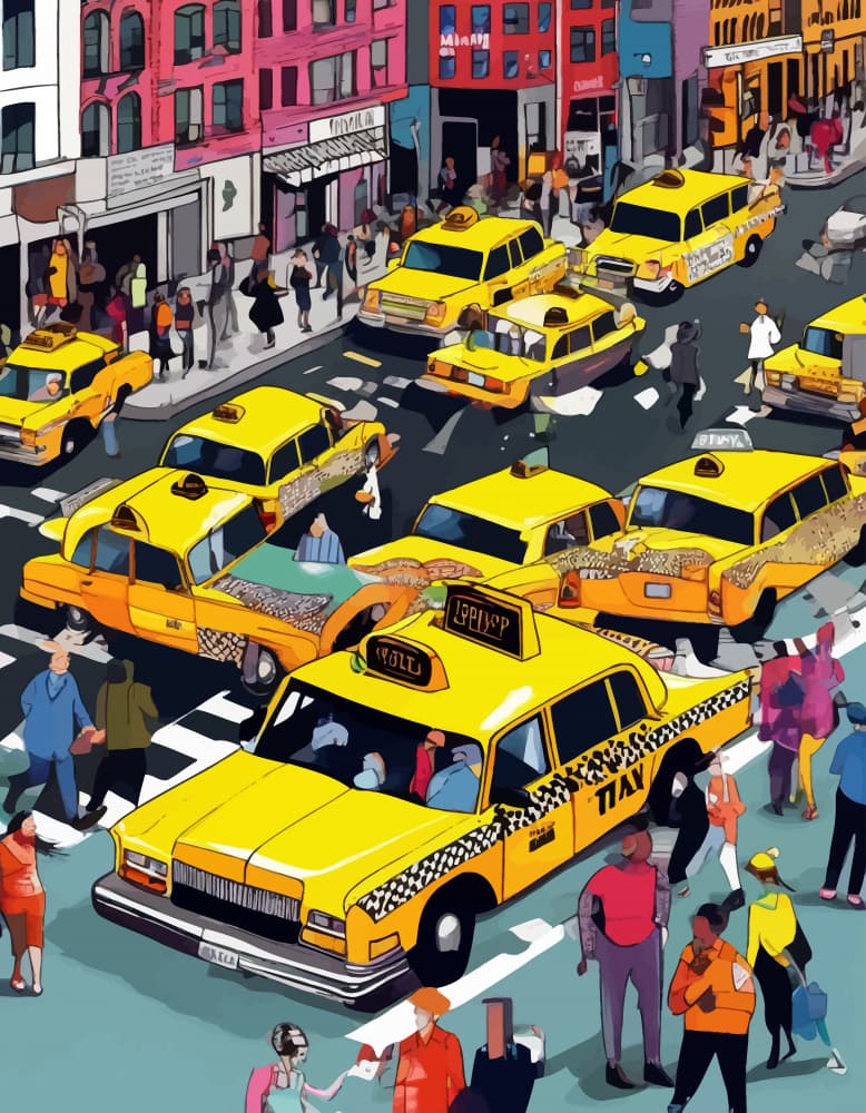 Busy City Taxis by Uma Gokhale — canvas wall art