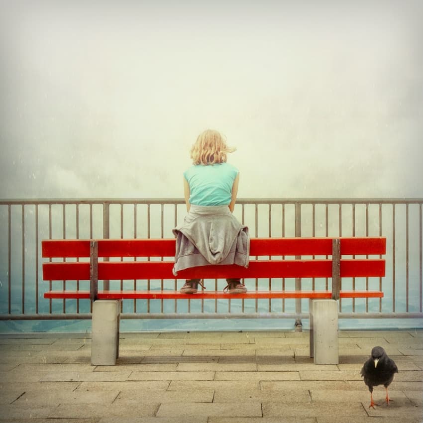 Girl On Red Bench by ambra — canvas wall art