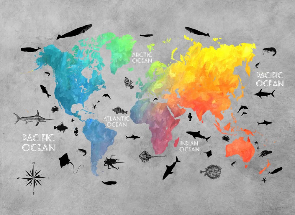 Colorful Ocean World Map by Justyna Jaszke — canvas wall art
