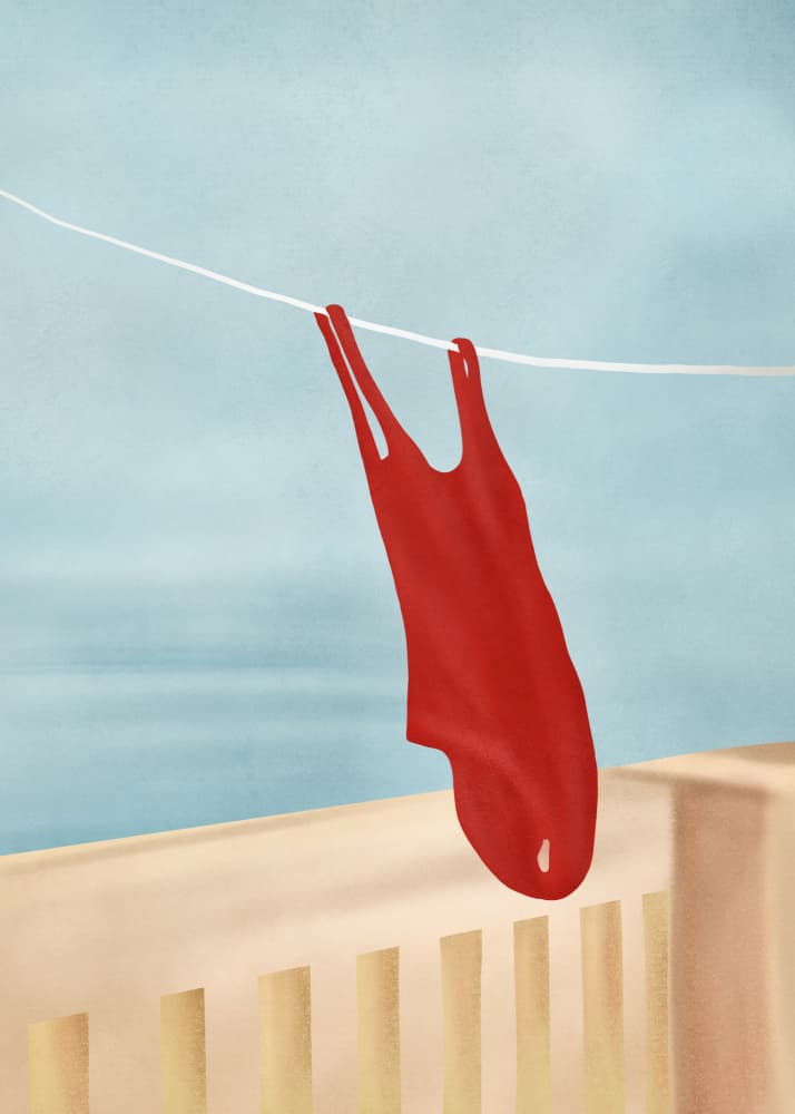 Red Swimsuit On Balcony by Flow Line — canvas wall art