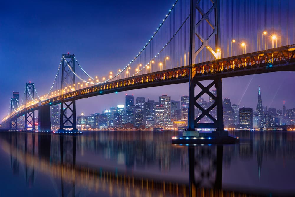 Bay Bridge City Lights by Michael Zheng — canvas wall art