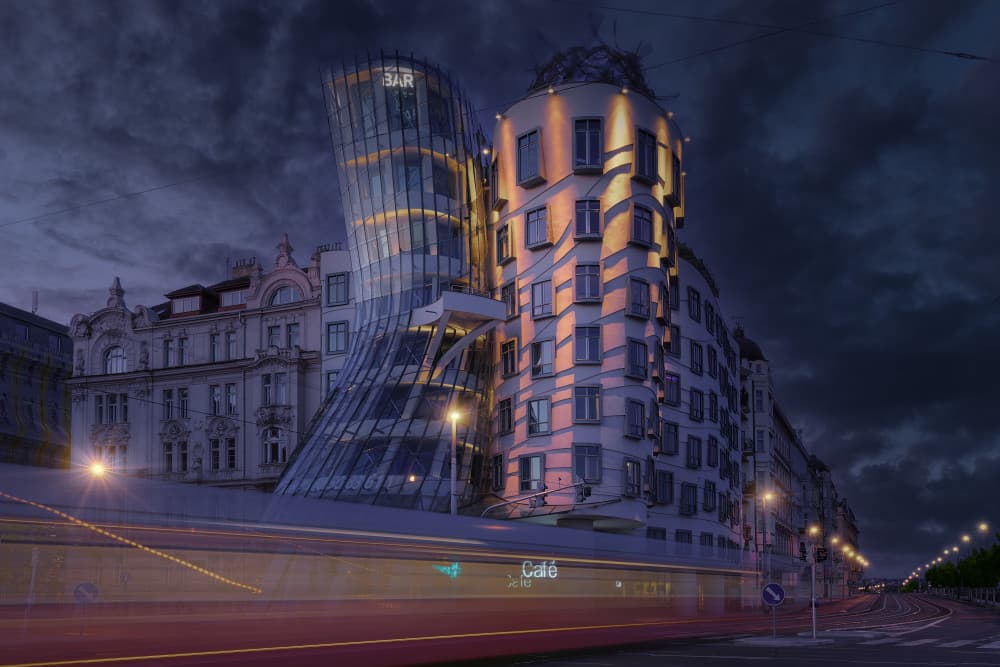 Dancing House Prague Evening by Paco Jimenez — canvas wall art