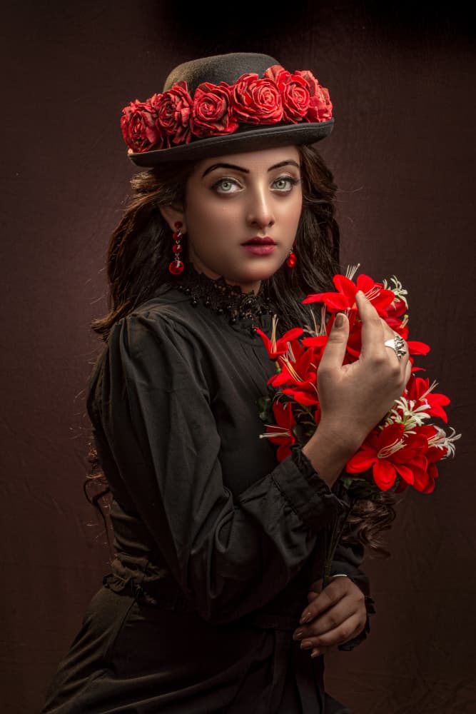 Elegant Woman Red Flowers by DEBASISH CHATTOPADHYAY — canvas wall art