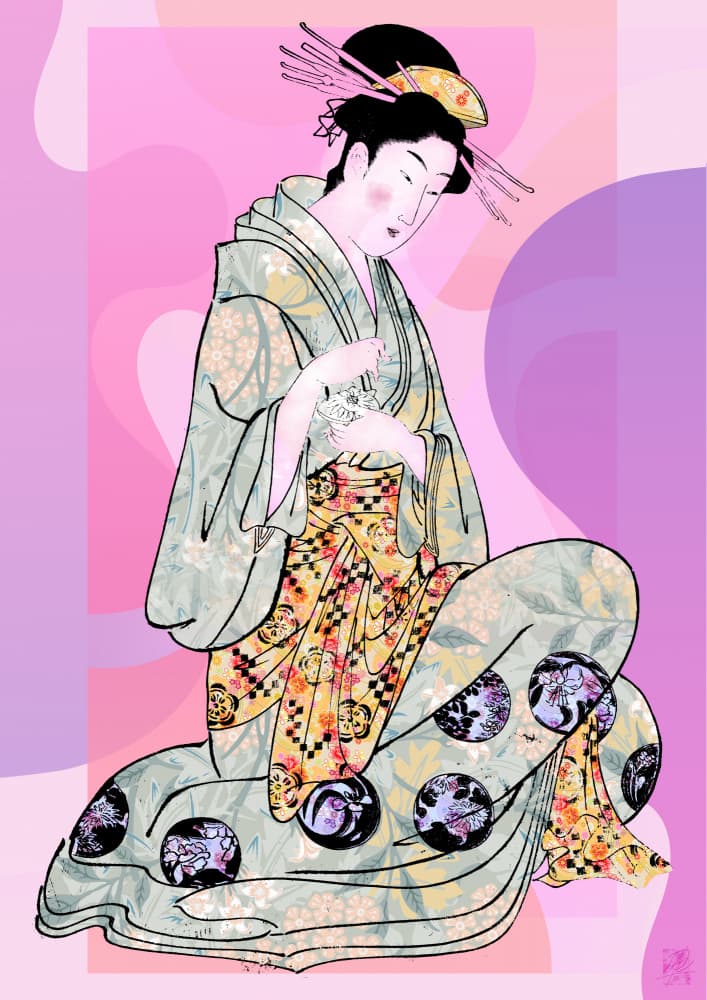 Elegant Geisha Kneeling by Osvaldo Russo — canvas wall art