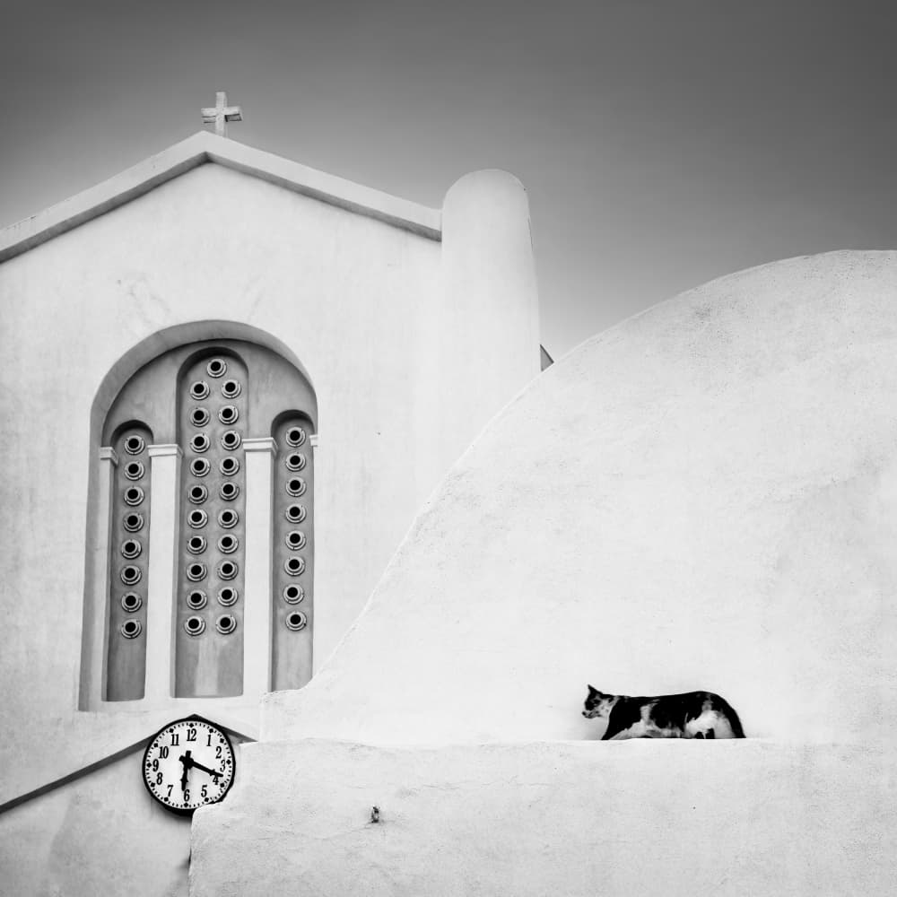 White Church Cat Clock by George Digalakis — canvas wall art