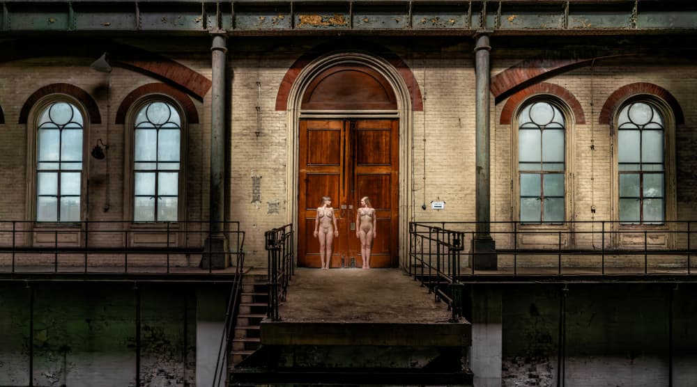 Nude Figures Industrial Doorway by Colin Dixon — canvas wall art