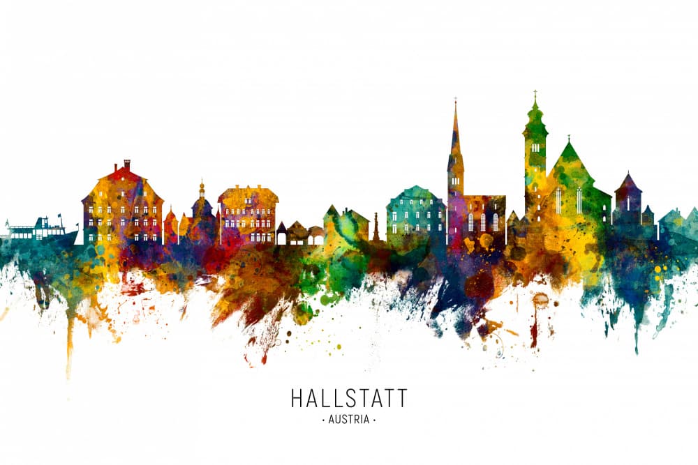 Vibrant Hallstatt Cityscape by Michael Tompsett — canvas wall art