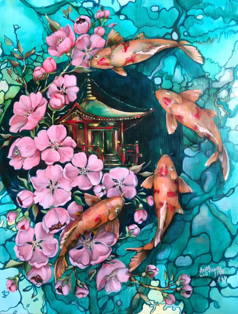 Sakura Koi Temple by Anda Bieza — canvas wall art