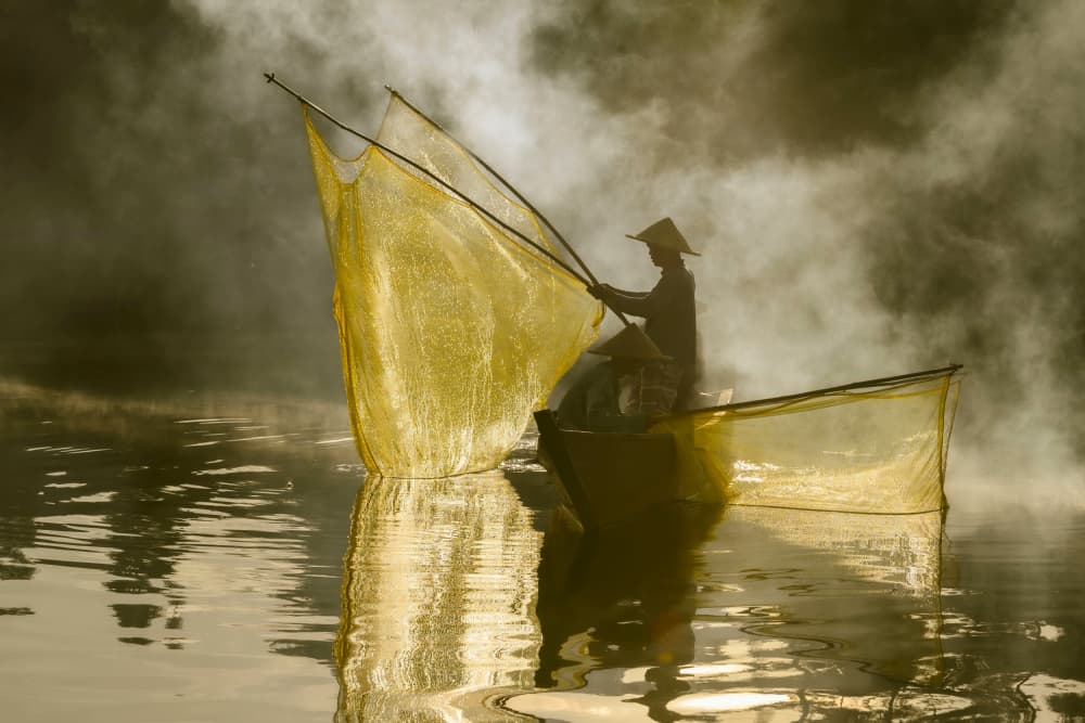 Misty Morning Fishing by Prijasambada — canvas wall art