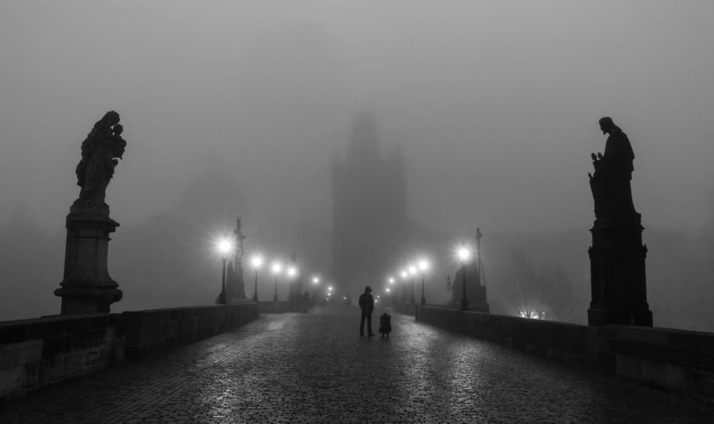 Mysterious Foggy Bridge Walk by Angela Muliani Hartojo — canvas wall art