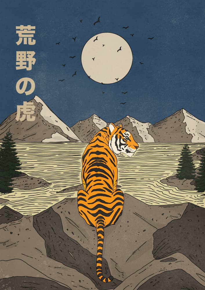 Wild Tiger Moonlit Lake by Nicholas — canvas wall art