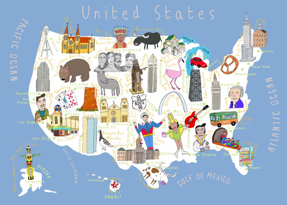 Illustrated United States Map by Carla Daly — canvas wall art