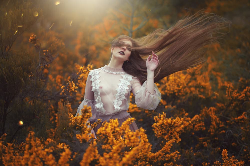 Ethereal Woman Golden Flowers by Paulo Dias — canvas wall art