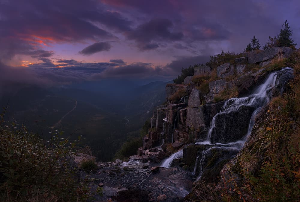 Mountain Waterfall Sunset by Lucjan Stoszko — canvas wall art