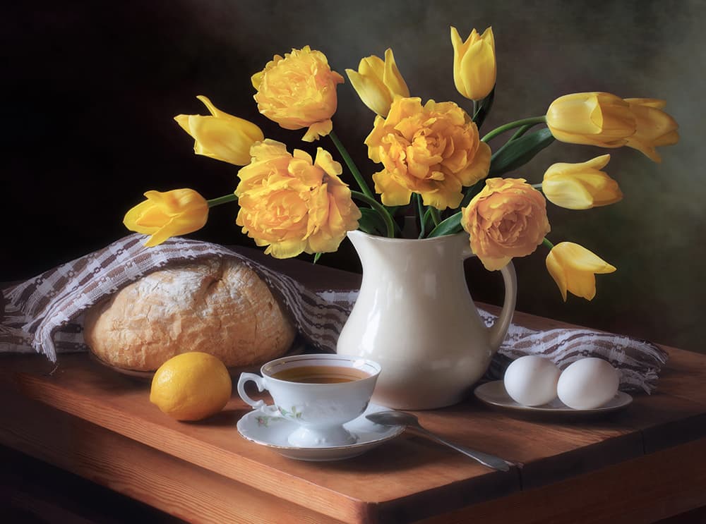 Yellow Tulips Breakfast Table by Tatyana Skorokhod — canvas wall art