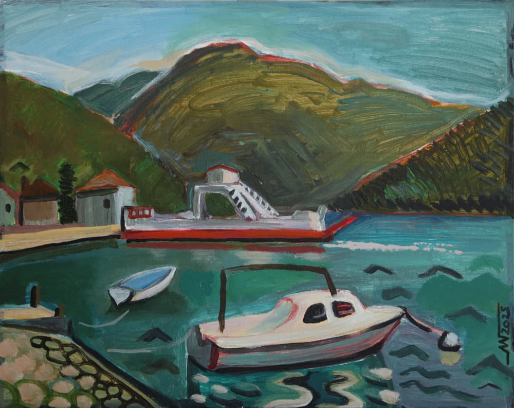 Boats in Mountain Harbor by Marina Gorkaeva — canvas wall art