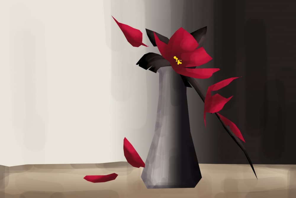 Red Petals Falling Vase by Rafal Kulik — canvas wall art