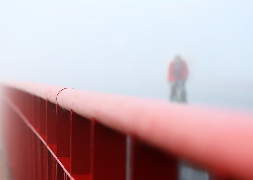 Red Railing In Fog by Anna Niemiec — canvas wall art