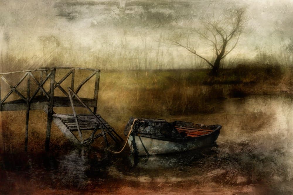 Weathered Dock and Boat by Charlaine Gerber — canvas wall art