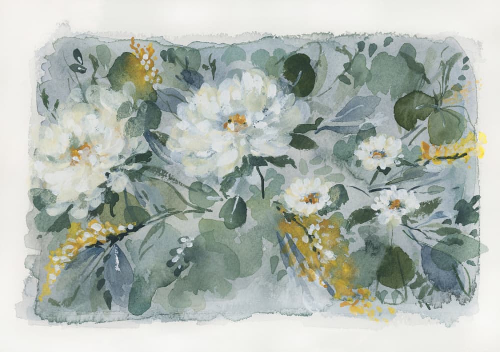 White Peonies Greenery by Lucrecia Caporale — canvas wall art