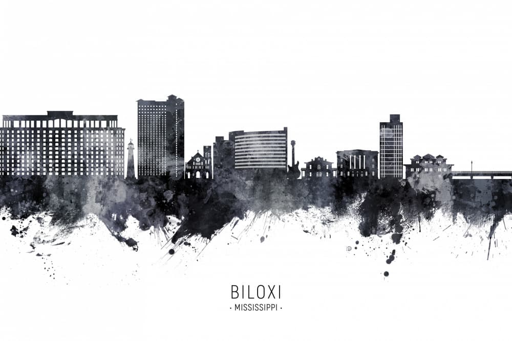 Biloxi Skyline Watercolor by Michael Tompsett — canvas wall art